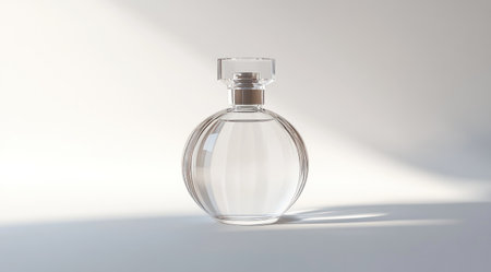 3D rendering of a clear glass perfume bottle on a white background, with light and shadow effects, product design photography, front view, minimalist style, simple design, clean and bright scene, studio lighting, ultra-high definition detail, high resolution. --ar 128:71 --v 6.1 Job ID: 456b38df-7e12-4588-96b4-a10c879e58ffの素材