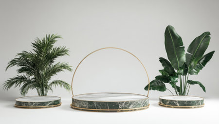 3D product stage, podium, minimalistic, white background, round shape, golden lines, marble stone circle base, tropical leaves on the sides of the rings --ar 53:30 --v 6.1 Job ID: 84c943bc-dfdf-4d6a-a1a6-0c6fd25fb317の素材