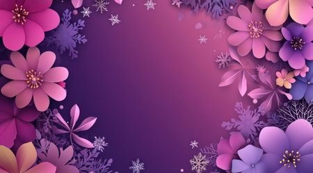 3D gradient background with purple and pink flowers, snowflakes, and copy space on the left side. Vector illustration, detailed and high resolution. --ar 128:71 --v 6.1 Job ID: 0003d652-77a6-452f-8d9c-44429abb3533の素材