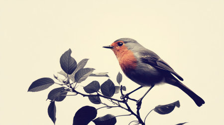 Vintage illustration of an European robin, perched on the branch with leaves in its beak, the bird's red chest and grey wings adding contrast to its black body. , vintage illustration --chaos 30 --ar 16:9 --v 6.1 Job ID: a9cabe24-5fa0-47e8-bbd9-8df69703b9f7の素材