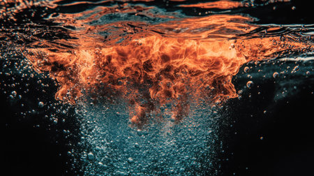 A horizontal banner featuring two contrasting elements, one side with vibrant flames in orange and red colors on the top, transitioning into cool blue water at the bottom, creating an eye-catching contrast against a black background. The fire is dynamic, depicted as burning embers floating upwards towards the sky, while the liquid flows down, creating intricate ripples of movement. This design would be suitable for conveying intense heat or coldness, perfect for digital backgrounds, graphics, web pages, or graphic designs. --chaos 30 --ar 16:9 --v 6.1 Job ID: 0fce6668-c541-4fc4-ac4a-c15863145c88の素材
