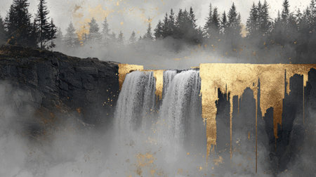 Gold inlaid with jade carving, mountain pine forest waterfall landscape painting, gold foil background, gray and black color scheme, high-definition wallpaper --chaos 30 --ar 16:9 --v 6.1 Job ID: 1d20107e-1d34-454f-b27b-d3956b6950eeの素材