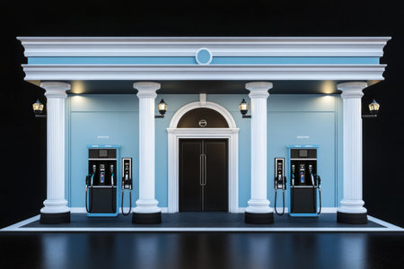 3D rendering of an elegant blue and white gas station design, featuring two columns with chrome details on the sides, two fuel nozzles at each side, a single door in the front for customers to enter, all set against a black background, emphasizing its modern aesthetic and functional aspects. --ar 3:2 --v 6.1 Job ID: 262b0b6a-240f-4a2b-8cc3-70f267b97691の素材