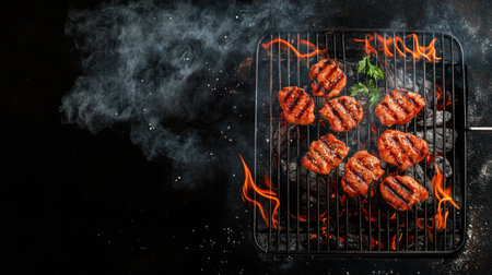 Fiery flames on an empty grill against a barbecue background with copy space, on a black background, in a transparent PNG format. --chaos 30 --ar 16:9 --v 6.1 Job ID: 644204ac-f6e7-49b2-8022-bb68a9714409の素材