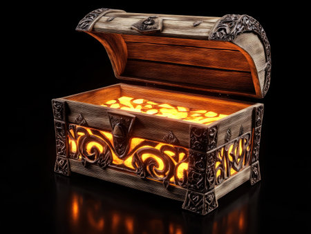 Vintage open wooden chest with a glowing light inside on a black background. Fantasy treasure concept. Backlit, with copy space for text or design. --ar 4:3 --v 6.1 Job ID: 7ea738ec-42eb-49d8-b815-82e5a2abbc69の素材