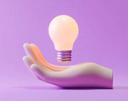 3D cartoon hand holding a light bulb icon on a purple background, with a minimalistic design featuring simple shapes and clean lines. The image is rendered in a soft pastel color palette, evoking an atmosphere of calmness and tranquility. The rendering was created using the Octane render engine, resulting in a gentle and inviting visual experience. --ar 19:15 --v 6.1 Job ID: 9a21cd5a-adc1-4e77-b52c-958b9cd9598bの素材