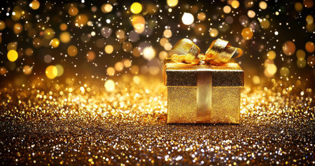Gold gift box with a golden ribbon on a shiny background with glitter and bokeh lights. This Christmas present is perfect for holiday celebrations, birthdays, or wedding parties. The banner design is in the style of a stock photo. --ar 19:10 --v 6.1 Job ID: de62427b-a8e4-4253-ab47-d2839fc1fa10の素材