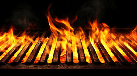 Flaming Grill Background, black background, 3042x875 pixels, no text or elements in the center of the composition, high resolution, high quality, high detail. --chaos 30 --ar 16:9 --v 6.1 Job ID: 942f7fad-ff4e-44aa-a430-7b8949122f0dの素材