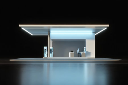 3D rendering of a small gas station design, with a white and blue color scheme against a black background. The composition is symmetrical, captured with a wide-angle lens, featuring bright lighting, high saturation, and a cool tone. The visible details on the pillars add to the overall visual interest. The gas pump is placed in front of the station. There is an empty area for an advertising display. A single person sits at one end, presumably writing down information. --ar 3:2 --v 6.1 Job ID: ce181f88-ef40-4659-b8d3-93514b9bda98の素材