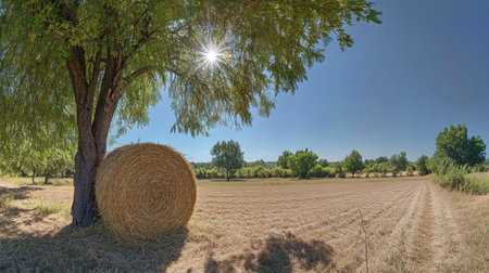 A golden bale of hay stands under the shade of a tree in the summer, against the backdrop of fields and forests on a sunny day. The sun shines brightly through the leaves, creating beautiful lighting effects. A panoramic view captures the beauty of nature with a wide field of vision. The high-resolution photography style and natural lighting add realism to the scene. This image is perfect for advertising, commercial use, or as a background image. --chaos 30 --ar 16:9 --v 6.1 Job ID: eac5276b-8c3b-48f9-bdc4-7c1c5b409e99の素材