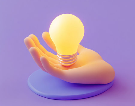 3D cartoon hand holding a light bulb icon on a purple background, with a minimalistic, simple design in an isometric view. The lighting is soft and smooth, with warm colors featuring blue and yellow tones. This high-quality render was created in Blender using a 50mm lens. --ar 19:15 --v 6.1 Job ID: 66a3286c-7859-441c-83e2-74933aa3e295の素材