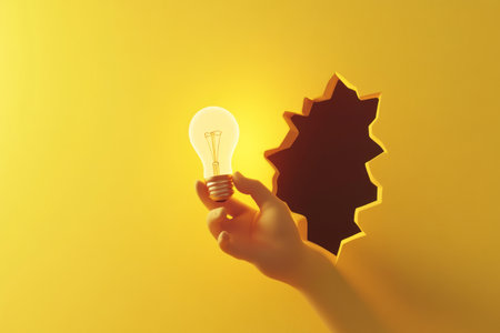 3D cartoon hand holding a light bulb emerging from a hole on a yellow background, in a minimalistic style with a simple design and high level of detail. C4D render with soft shadows and a soft light color. --ar 3:2 --v 6.1 Job ID: cdb1c091-214b-456e-931c-bd9cd2848efcの素材