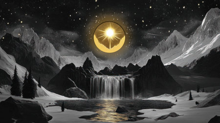 Gold inlaid with jade carving, mountain pine forest waterfall landscape painting, gold foil background, gray and black color scheme, high-definition wallpaper --chaos 30 --ar 16:9 --v 6.1 Job ID: 1d20107e-1d34-454f-b27b-d3956b6950eeの素材