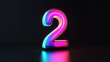 3D rendering of a glowing neon number two on a black background. The glowing line has a reflection and gradient glow, and is isolated over a dark studio backdrop with soft lighting, suitable for a banner design for advertising or a sign board concept. --ar 53:30 --v 6.1 Job ID: 3e83ad30-933e-49e9-94fc-5a33e38b80f0の素材