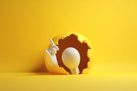 3D cartoon rendering of an arm holding a light bulb emerging from a hole on a yellow background, in a minimalist style. --ar 3:2 --v 6.1 Job ID: d50fd309-dfab-4019-b032-7aa544e4d6daの素材