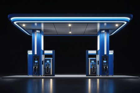 3D rendering of an elegant blue and white gas station design, featuring two columns with chrome details on the sides, two fuel nozzles at each side, a single door in the front for customers to enter, all set against a black background, emphasizing its modern aesthetic and functional aspects. --ar 3:2 --v 6.1 Job ID: 262b0b6a-240f-4a2b-8cc3-70f267b97691の素材