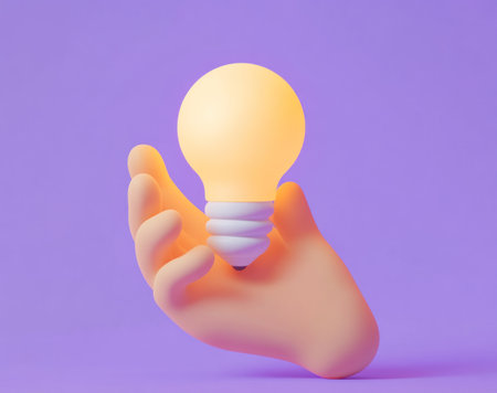3D cartoon hand holding a light bulb icon on a purple background, with a minimalistic, simple design in an isometric view. The lighting is soft and smooth, with warm colors featuring blue and yellow tones. This high-quality render was created in Blender using a 50mm lens. --ar 19:15 --v 6.1 Job ID: 66a3286c-7859-441c-83e2-74933aa3e295の素材