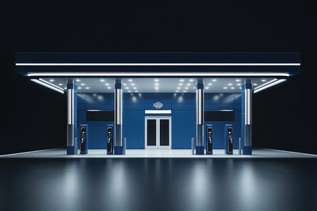 3D rendering of an elegant blue and white gas station design, featuring two columns with chrome details on the sides, two fuel nozzles at each side, a single door in the front for customers to enter, all set against a black background, emphasizing its modern aesthetic and functional aspects. --ar 3:2 --v 6.1 Job ID: 262b0b6a-240f-4a2b-8cc3-70f267b97691の素材