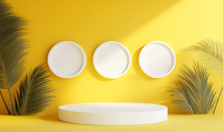 3D rendering of abstract geometric shapes in yellow and white on an isolated background with a podium, shelf, or stage for product presentation. Minimal concept design with a circular shape and a palm leaf. Vector illustration, commercial photo, soft lighting, and light colors. --ar 5:3 --v 6.1 Job ID: b38cefc5-00b8-4f71-aa86-a5c900234180の素材