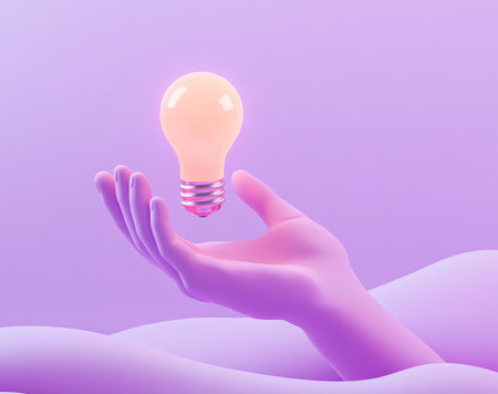 3D cartoon hand holding a light bulb icon on a purple background, with a minimalistic design featuring simple shapes and clean lines. The image is rendered in a soft pastel color palette, evoking an atmosphere of calmness and tranquility. The rendering was created using the Octane render engine, resulting in a gentle and inviting visual experience. --ar 19:15 --v 6.1 Job ID: 9a21cd5a-adc1-4e77-b52c-958b9cd9598bの素材