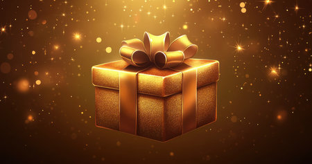 Golden background with a golden gift box and ribbon on sparkling bokeh lights, perfect for holiday or birthday decoration. --ar 19:10 --v 6.1 Job ID: d432203d-d8b8-4194-a24a-45e1ce4966e8の素材