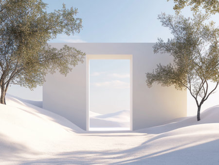 3D rendering of an abstract, minimalistic background with an open door and window, white sand dunes landscape, sky, and trees. Modern geometric composition. Background for product presentation or display, mockup design. --ar 4:3 --v 6.1 Job ID: c0389b38-b0d6-41b5-9056-763c0bb8c783の素材
