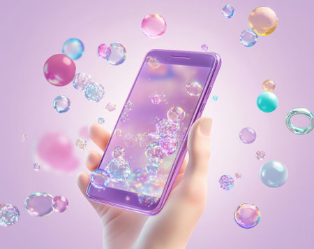 3D cartoon render of a smartphone mockup in a hand, with copy space, against a purple background with flying colorful bubbles and rings. The design is minimalistic, with simple shapes and low detail, no shadows, and has a cute, adorable, and lovely appearance, isolated on a white background. --ar 19:15 --v 6.1 Job ID: e8790b2f-c634-433e-9d27-110adeb23977の素材
