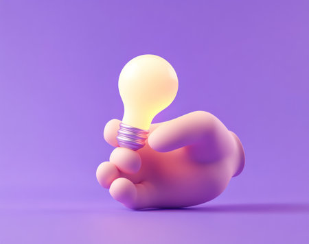 3D cartoon hand holding a light bulb icon on a purple background, with a minimalistic design featuring simple shapes and clean lines. The image is rendered in a soft pastel color palette, evoking an atmosphere of calmness and tranquility. The rendering was created using the Octane render engine, resulting in a gentle and inviting visual experience. --ar 19:15 --v 6.1 Job ID: 9a21cd5a-adc1-4e77-b52c-958b9cd9598bの素材