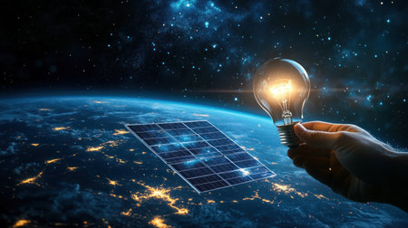 Hand holding a light bulb with a solar panel inside on a dark blue background, a concept of green energy and sustainable development. This image was the winner of a stock photo contest, with high resolution and a photorealistic style. --chaos 30 --ar 16:9 --v 6.1 Job ID: 4ae2ef12-57ce-4cc7-a443-dde58a7c5029の素材