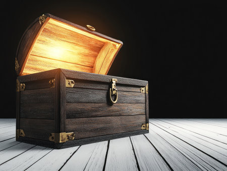 Vintage open wooden chest with a glowing light inside on a black background. A fantasy concept of a shining treasure or a shiny ancient object in an old trunk, on a white wooden floor, with copy space for text, suitable for a banner design. --ar 4:3 --v 6.1 Job ID: 4b33e7c8-922f-40f9-ae66-00018f4d8b35の素材