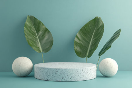3D rendering of a simple, minimalistic podium for product presentation on a blue background with copy space, circle, and sphere shape elements. Abstract geometric shapes in a green pastel color. --ar 3:2 --v 6.1 Job ID: e6c05617-30a0-4595-8dc8-db6849952a9fの素材