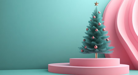 3D rendering of a Christmas tree on a podium with abstract wave shapes and a pink background for product presentation, 250 x 174 mm size, in a teal color scheme. --ar 11:6 --v 6.1 Job ID: 27339c9e-efc9-4283-9ee4-1c1ce8c527e4の素材