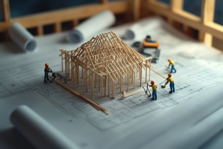 A realistic photo of miniature construction workers and tools building the roof on top of blueprints for an architectural house plan, surrounded by rolled-up papers and white blueprint sheets with home design drawings. The scene is set against a backdrop of a partially constructed wooden structure resembling a half-finished real estate development or new housing project. --ar 3:2 --v 6.1 Job ID: fca928f5-6c48-4a5e-8006-169f033aa7a4の素材