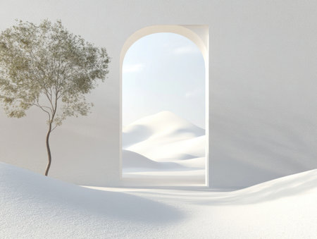 3D rendering of an abstract, minimalistic background with an open door and window, white sand dunes landscape, sky, and trees. Modern geometric composition. Background for product presentation or display, mockup design. --ar 4:3 --v 6.1 Job ID: c0389b38-b0d6-41b5-9056-763c0bb8c783の素材