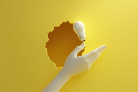 3D cartoon rendering of an arm holding a light bulb emerging from a hole on a yellow background, in a minimalist style. --ar 3:2 --v 6.1 Job ID: d50fd309-dfab-4019-b032-7aa544e4d6daの素材