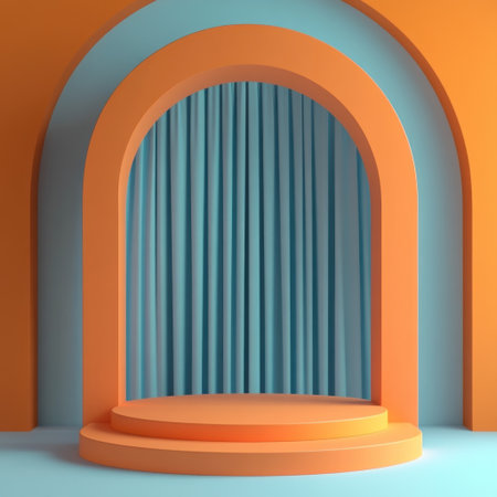 3D rendering of an arch with curtains in the background, a podium for product presentation, with blue and orange colors, in a minimalist style, simple design, flat design, with a turquoise color, simple shapes, in an icon style, low-poly model, vector graphics, pastel palette, Octane render, Blender. --v 6.1 Job ID: 1cb6850c-bee9-40aa-b43e-055829f69091の素材