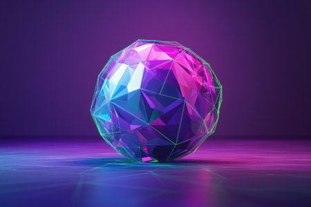 3D low-poly sphere with colorful triangles, dark grey background, Cinema 4D render, Octane render, purple and blue color scheme, green wireframe lines on the ball, high resolution, high detail, hyper-realistic, studio lighting. --ar 3:2 --v 6.1 Job ID: 8cfdebe2-2c46-4246-8e02-cfe3b4088bb8の素材