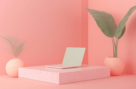 3D laptop mockup with pastel shapes on a pink background, isometric view, minimalistic style, simple design, high-resolution photography. --ar 23:15 --v 6.1 Job ID: 546718c1-faf7-4929-8799-bdbad19d8541の素材