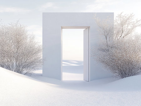 3D rendering of an abstract, minimalistic background with an open door and window, white sand dunes landscape, sky, and trees. Modern geometric composition. Background for product presentation or display, mockup design. --ar 4:3 --v 6.1 Job ID: c0389b38-b0d6-41b5-9056-763c0bb8c783の素材