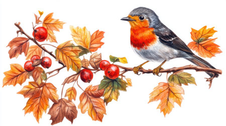 Vintage illustration of an European robin, perched on the branch with leaves in its beak, the bird's red chest and grey wings adding contrast to its black body. , vintage illustration --chaos 30 --ar 16:9 --v 6.1 Job ID: a9cabe24-5fa0-47e8-bbd9-8df69703b9f7の素材