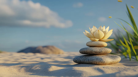 Zen garden with a lotus flower and balanced stones on a sand background, a meditation concept, with a blue sky and copy space for text, conveying a calm and peaceful feeling. High resolution, high definition, sharp focus, highly detailed, high quality, hyper-realistic, hyper-detailed, and high-quality. --chaos 30 --ar 16:9 --v 6.1 Job ID: 8681b388-32ac-41ad-ad41-fee508075672の素材
