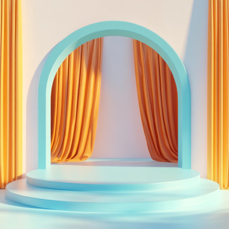 3D rendering of an arch with curtains in the background, a podium for product presentation, with blue and orange colors, in a minimalist style, simple design, flat design, with a turquoise color, simple shapes, in an icon style, low-poly model, vector graphics, pastel palette, Octane render, Blender. --v 6.1 Job ID: 1cb6850c-bee9-40aa-b43e-055829f69091の素材