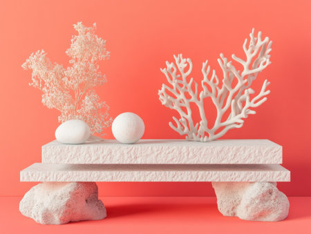 3D rendering of a balance concept with geometric shapes on a coral background. Minimalist style, a concept for design and advertising. --ar 4:3 --v 6.1 Job ID: 21b7e192-eea7-4599-85f1-2a21a3ae53b9の素材