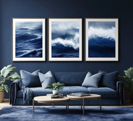 3 large, thick, white, wooden, square frames on the wall; blue walls and a dark sofa in the living room with a coffee table; dark navy background. Do not block the frames. --ar 11:10 --v 6.1 Job ID: b813cc98-b8c8-4071-bba1-b1cf5409991bの素材
