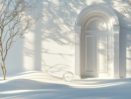 3D rendering of an open door with white columns on the right side and white sand dunes in the background. The floor is covered by shadows from tree branches, creating a serene atmosphere. A small glass ball sits beside it, adding detail to the scene. This design conveys tranquility and minimalism. It would be suitable for product display or presentation backgrounds in the style of 3D rendering. --ar 4:3 --v 6.1 Job ID: 39906bad-10c6-4ce3-953b-b4569496135aの素材