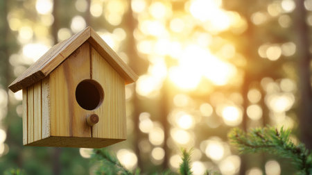 Wooden birdhouse in the forest, close-up, blurred background with copy space concept banner, photo taken using a Canon EOS R6 Mark II mirrorless camera. --chaos 30 --ar 16:9 --v 6.1 Job ID: 76843634-1755-4419-89f5-a8e5fdc72c7cの素材
