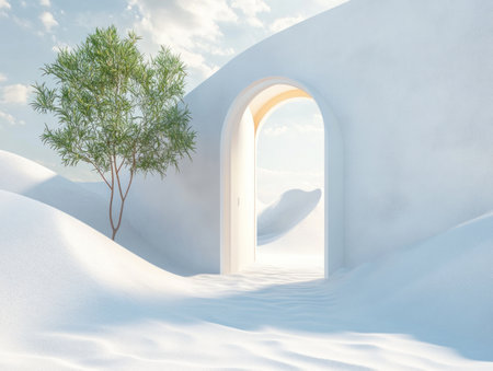 3D rendering of an abstract, minimalistic background with an open door and window, white sand dunes landscape, sky, and trees. Modern geometric composition. Background for product presentation or display, mockup design. --ar 4:3 --v 6.1 Job ID: c0389b38-b0d6-41b5-9056-763c0bb8c783の素材