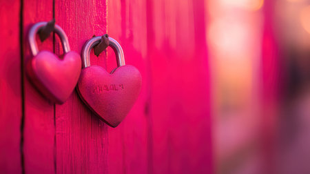 Valentine's Day banner design with heart-shaped love locks against a vibrant pink and red wall, with copy space on the right side, a blurred background, and golden sunlight, in high-resolution photography. --chaos 30 --ar 16:9 --v 6.1 Job ID: 98f60a60-9b91-4eba-ae13-1455c69812d1の素材