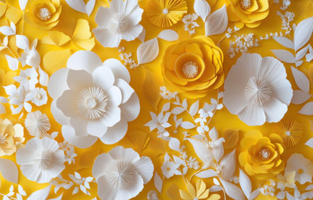 3D paper-cut yellow and white flowers background, floral wall art --ar 47:30 --v 6.1 Job ID: 9db74995-3b5b-41e3-a724-16a9ffd1b7c7の素材