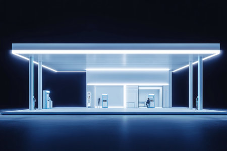 3D rendering of a small gas station design, with a white and blue color scheme against a black background. The composition is symmetrical, captured with a wide-angle lens, featuring bright lighting, high saturation, and a cool tone. The visible details on the pillars add to the overall visual interest. The gas pump is placed in front of the station. There is an empty area for an advertising display. A single person sits at one end, presumably writing down information. --ar 3:2 --v 6.1 Job ID: ce181f88-ef40-4659-b8d3-93514b9bda98の素材